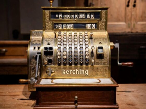 Vintage brass cash register with ornate engravings on a wooden base, displaying dollar amounts in the top windows.