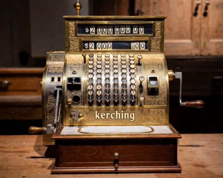 Vintage brass cash register with ornate engravings on a wooden base, displaying dollar amounts in the top windows.