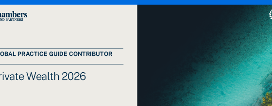 Cover page for Chambers and Partners Global Practice Guide Contributor: Private Wealth 2026 — beige panel with logo and text, teal ocean image on the right.