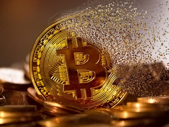 Golden Bitcoin coin resting on a pile of coins with a dispersing particle trail to the right, conveying cryptocurrency wealth.
